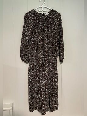 Zara Black Floral Long Sleeve Midi Dress with Pink and Cream Details